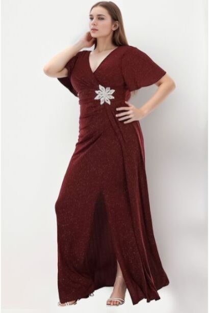 Büyük Beden Bel Çiçek Taşlı Uzun Simli Abiye  Bordo