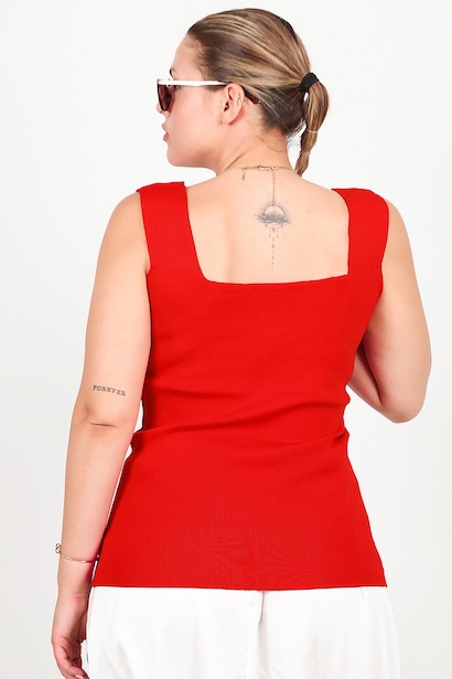 Büyük Beden Kare Yaka Bluz  Kırmızı 6