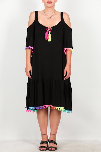 Büyük Beden Ponponlu Elbise  Siyah 6