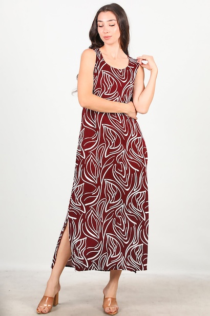 Kadın Kalın Askılı Desenli Uzun Elbise 