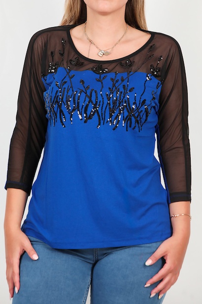 Büyük Beden Tüllü Nakışlı Bluz  Saks 6