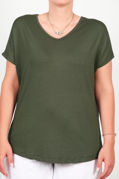 Büyük Beden V Yaka Sırt Halka Detay Bluz  Haki 6