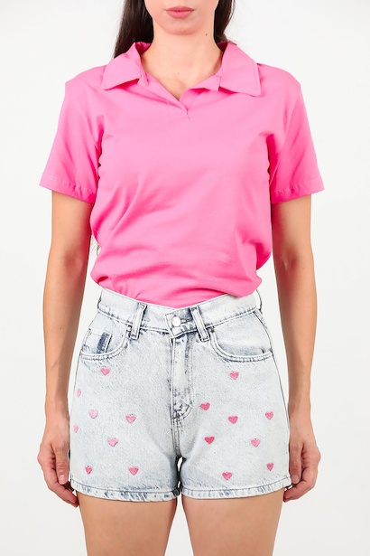 Kadın Kalp Nakışlı Kot Şort  Kot 6