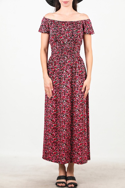 Kadın Bel Lastilki Desenli Elbise  Bordo 6