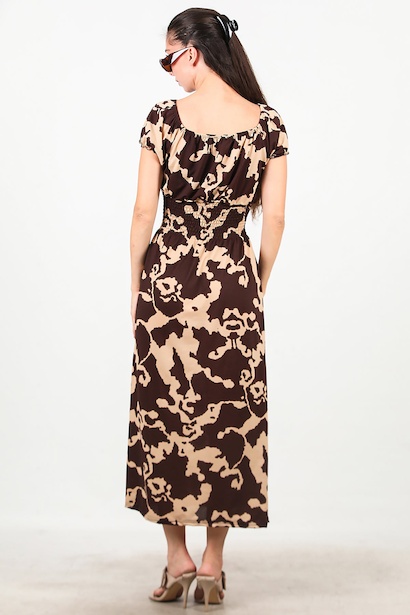 Kadın Bel Lastilki Desenli Elbise  Kahverengi 6