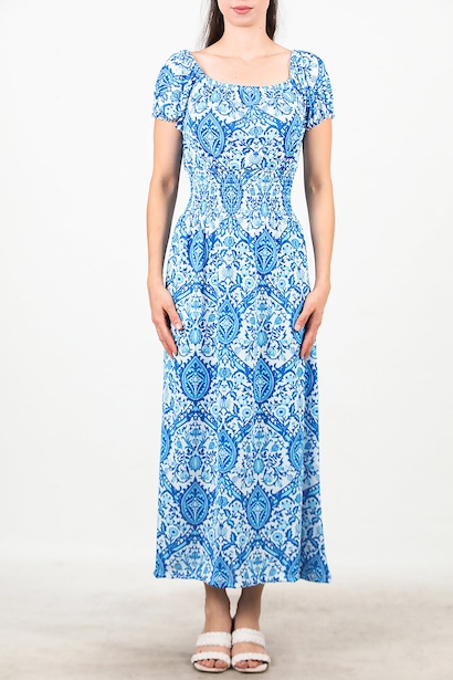 Kadın Bel Lastilki Desenli Elbise  Saks 6