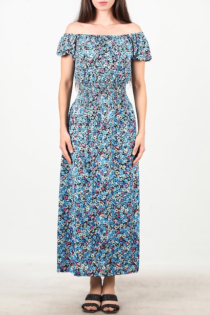 Kadın Bel Lastilki Desenli Elbise  Mavi 6