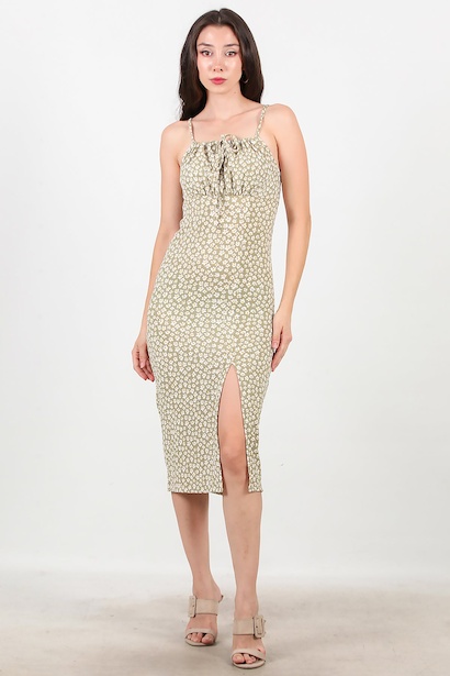 Kadın Desenli İp Askılı Yırtmaçlı Elbise 