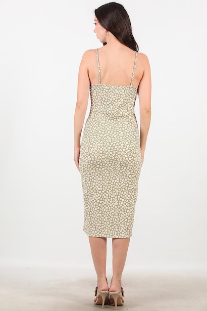 Kadın Desenli İp Askılı Yırtmaçlı Elbise  Haki 6