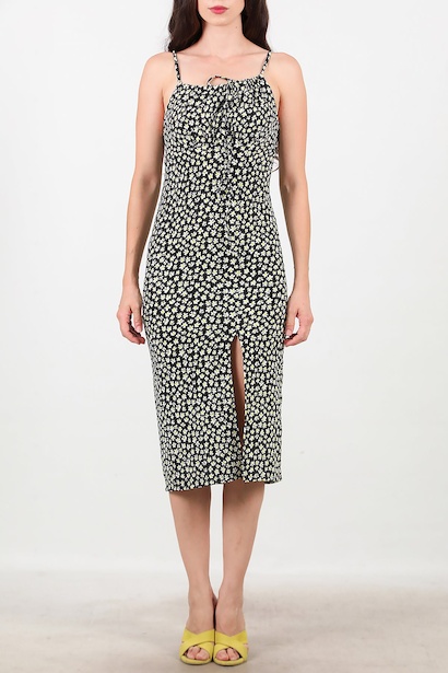 Kadın Desenli İp Askılı Yırtmaçlı Elbise  Siyah 6