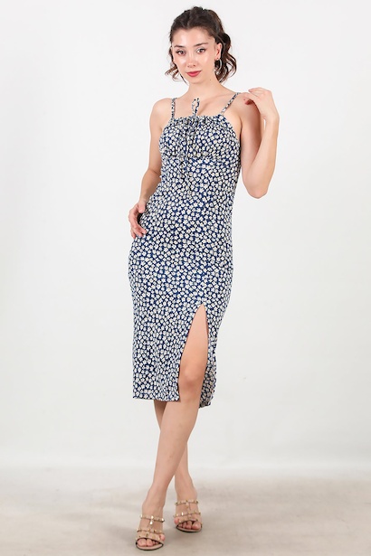 Kadın Desenli İp Askılı Yırtmaçlı Elbise 