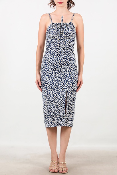 Kadın Desenli İp Askılı Yırtmaçlı Elbise  Lacivert 6