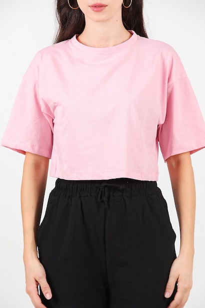 Kadın Bisiklet Yaka Kısa Tshirt  Pembe 6