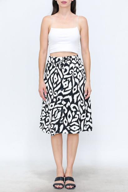 Kadın Desenli Düğmeli Midi Boy Etek  Siyah 6