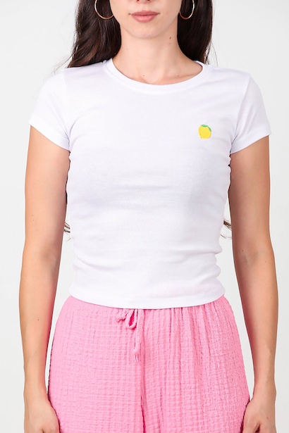 Kadın Limon Nakışlı Bady  Beyaz 6