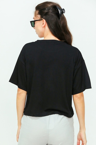 Kadın Bisiklet Yaka Kısa Tshırt  Siyah 6