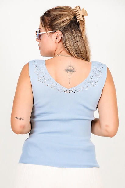 Büyük Beden Dantelli Triko Bluz  Mavi 6