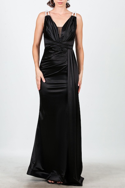 Kadın Omuz Taş Detay Pileli Uzun Abiye  Siyah 6