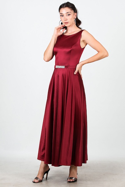 Kadın Askılı Kemerli Midi Boy Abiye  Bordo 6