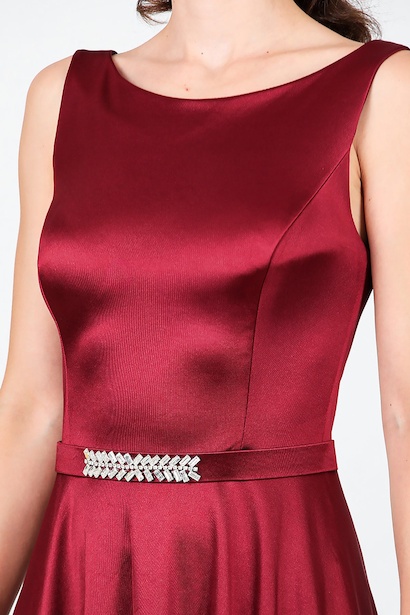 Kadın Askılı Kemerli Midi Boy Abiye  Bordo 9