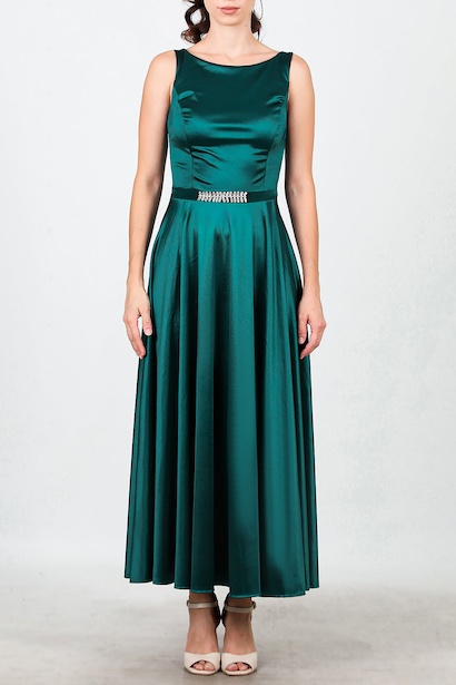 Kadın Askılı Kemerli Midi Boy Abiye  Zümrüt 6