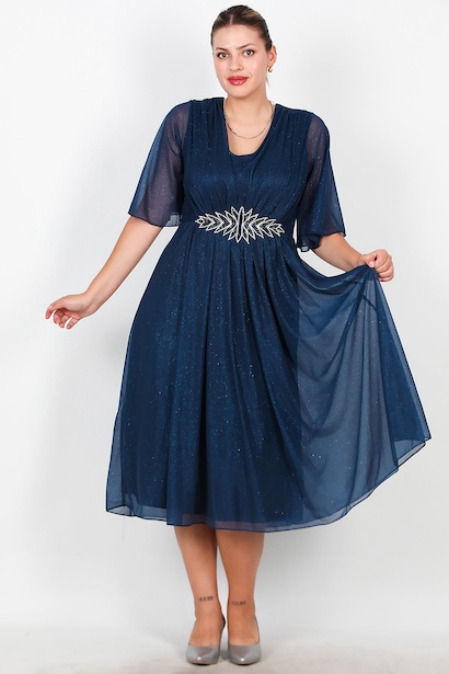 Büyük Beden Beli Taşlı Midi Boy Simli Tül Elbise 