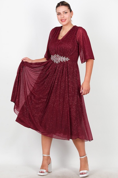 Büyük Beden Beli Taşlı Midi Boy Simli Tül Elbise 