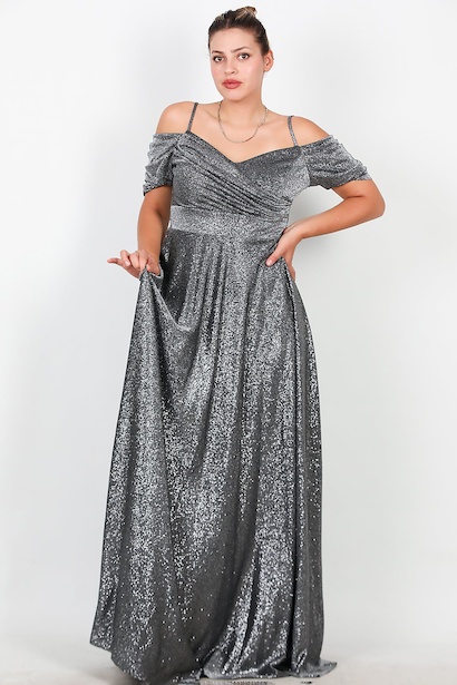 Büyük Beden Düşük Omuz Simli Uzun Abiye 