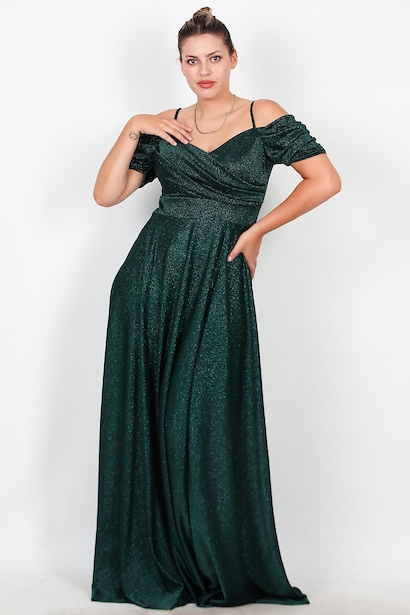 Büyük Beden Düşük Omuz Simli Uzun Abiye  Zümrüt