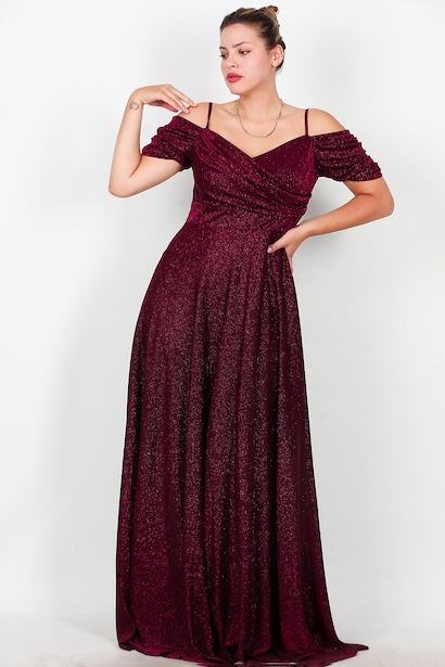 Büyük Beden Düşük Omuz Simli Uzun Abiye  Bordo