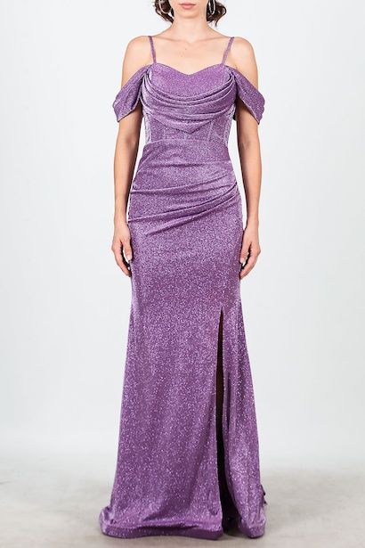 Kadın Düşük Omuz Bel Detay Uzun Abiye  Lila 6