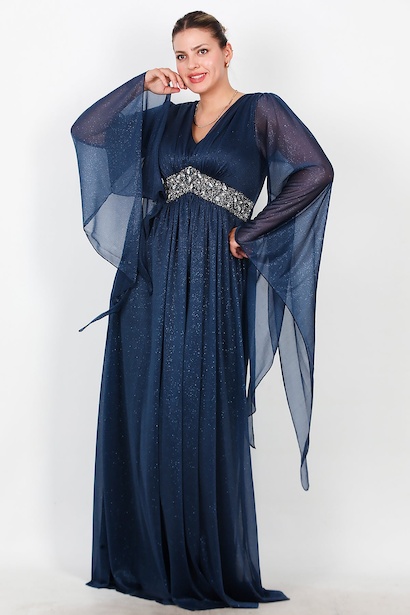 Büyük Beden Bel Taşlı Uzun Simli Abiye 