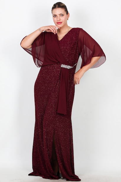 Büyük Beden Üstü Şifon Bel Taş Detay Uzun Abiye 