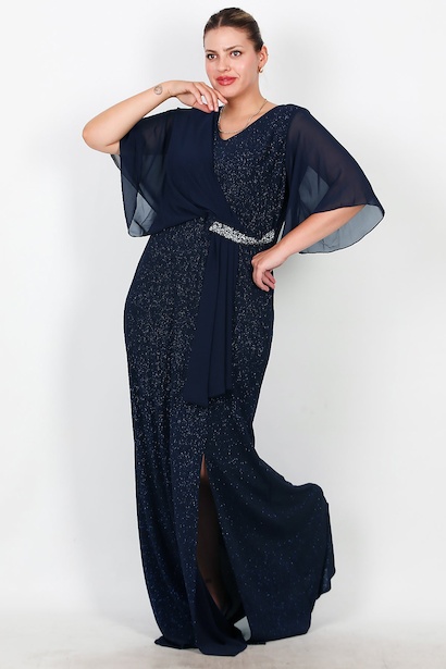 Büyük Beden Üstü Şifon Bel Taş Detay Uzun Abiye 