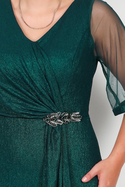 Büyük Beden Tül Kol Bel Aksesuarlı Midi Boy Abiye  Zümrüt 6