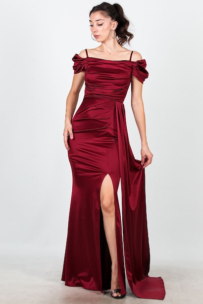 Kadın Düşük Omuz Saten Uzun Abiye 