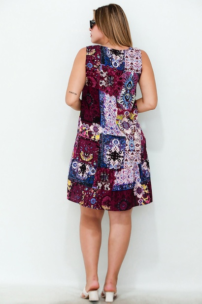 Büyük Beden Desenli Viskon Kolsuz Elbise  Mürdüm 6