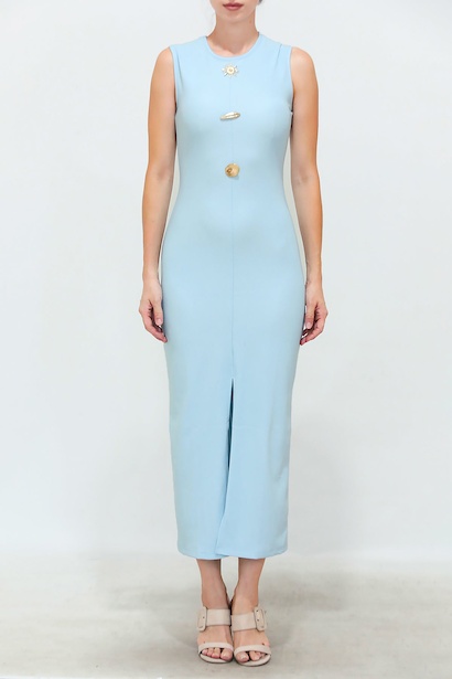 Kadın Gold Düğmeli Ottoman Elbise  Mavi 6