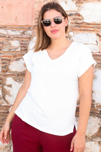 Büyük Beden V Yaka Bürümcük Bluz  Ekru