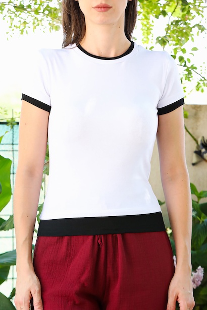 Kadın Bisiklet Yaka Garnili Kısa Kol Bady  Beyaz 6