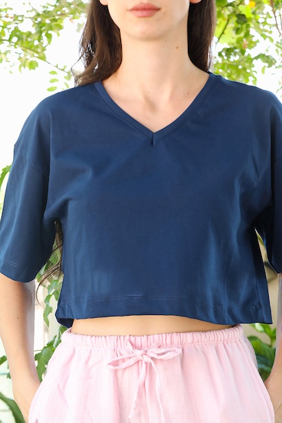 Kadın V Yaka Kısa Tshırt  Lacivert 6