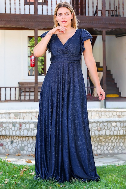 Büyük Beden Katlı Kol Uzun Simli Abiye 