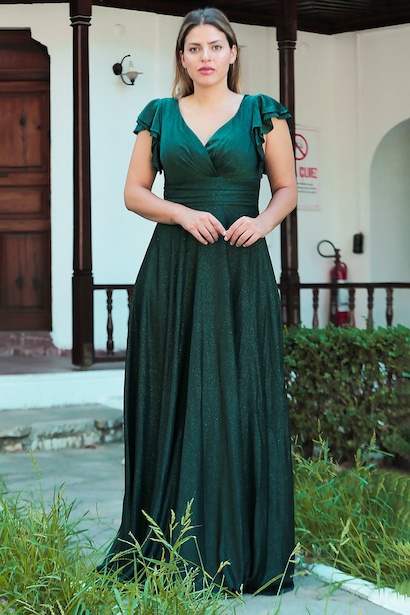 Büyük Beden Katlı Kol Uzun Simli Abiye 