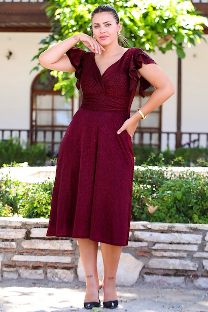 Büyük Beden Kol Katlı Simli Kısa Abiye 