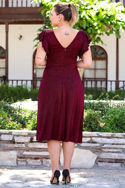 Büyük Beden Kol Katlı Simli Kısa Abiye  Bordo 6