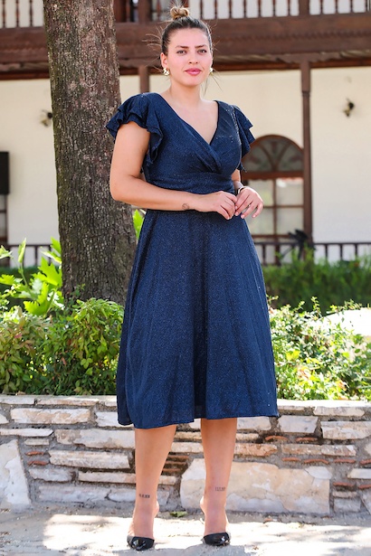 Büyük Beden Kol Katlı Simli Kısa Abiye 