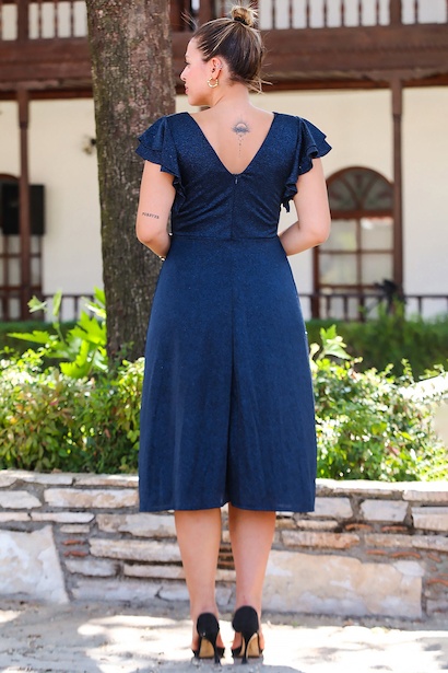 Büyük Beden Kol Katlı Simli Kısa Abiye  Lacivert 6