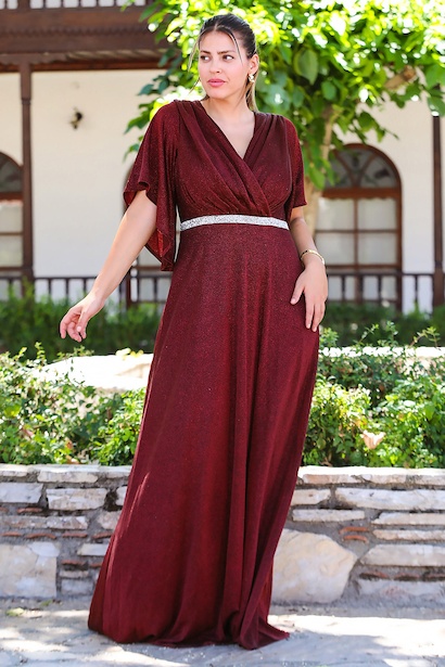 Büyük Beden Beli Taş Şeritli Uzun Abiye 