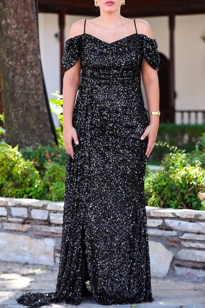 Büyük Beden Düşük Omuz Yırtmaçlı Pullu Uzun Abiye  Siyah 6