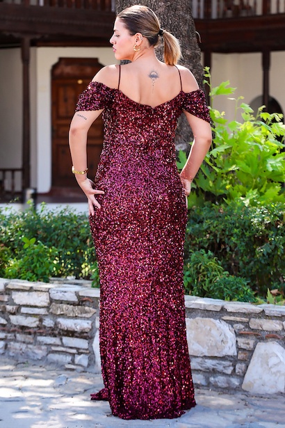 Büyük Beden Düşük Omuz Yırtmaçlı Pullu Uzun Abiye  Bordo 6